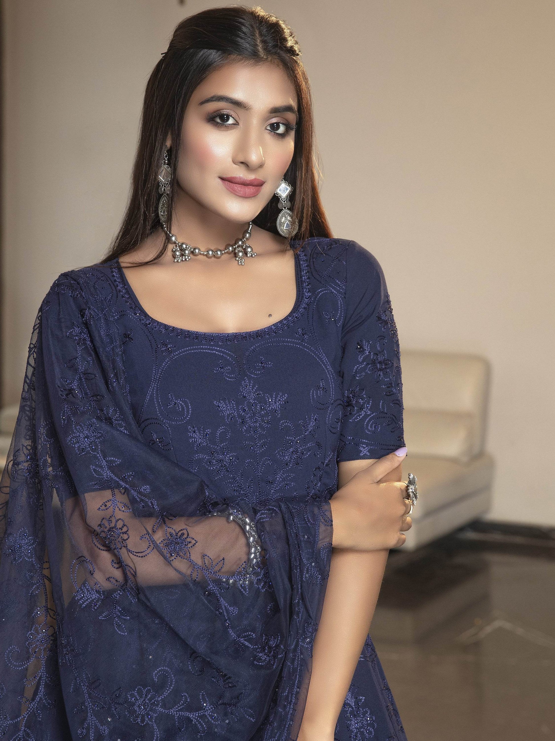 Adorable Navy Blue Thread Embroidered Georgette Reception Wear Gown - Zeel Clothing