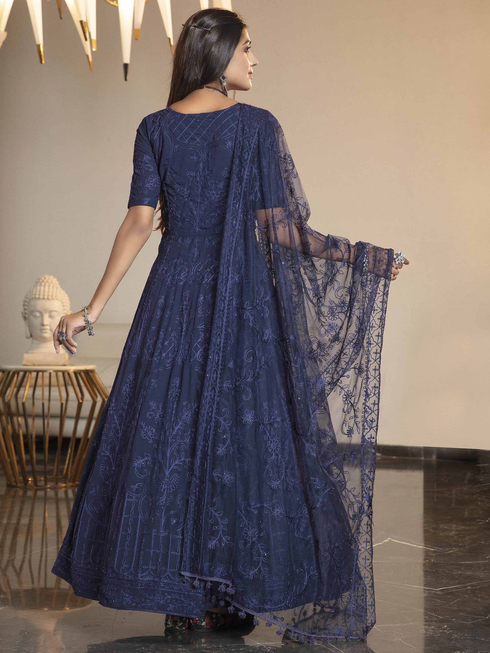 Adorable Navy Blue Thread Embroidered Georgette Reception Wear Gown - Zeel Clothing
