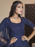 Adorable Navy Blue Thread Embroidered Georgette Reception Wear Gown - Zeel Clothing