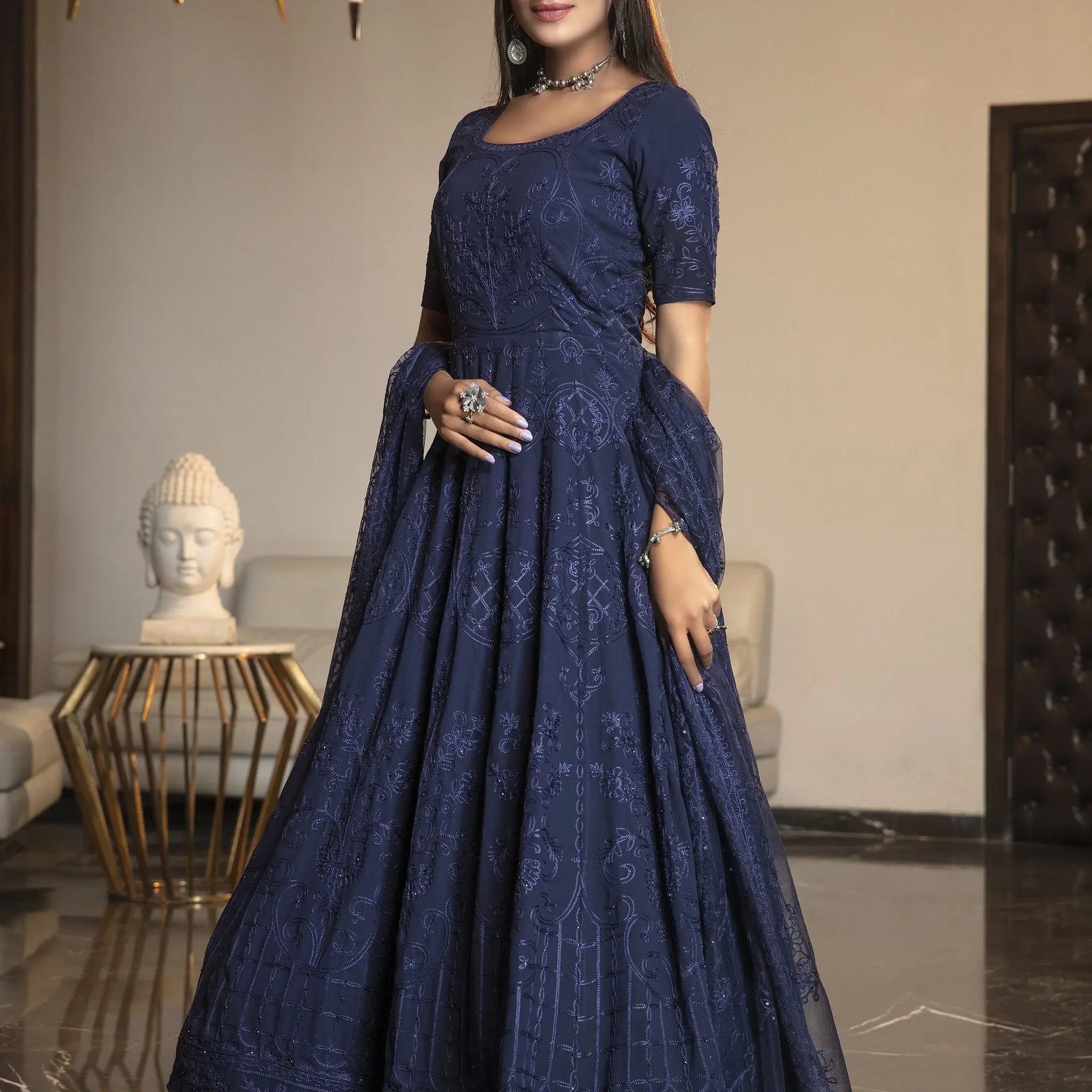 Adorable Navy Blue Thread Embroidered Georgette Reception Wear Gown - Zeel Clothing