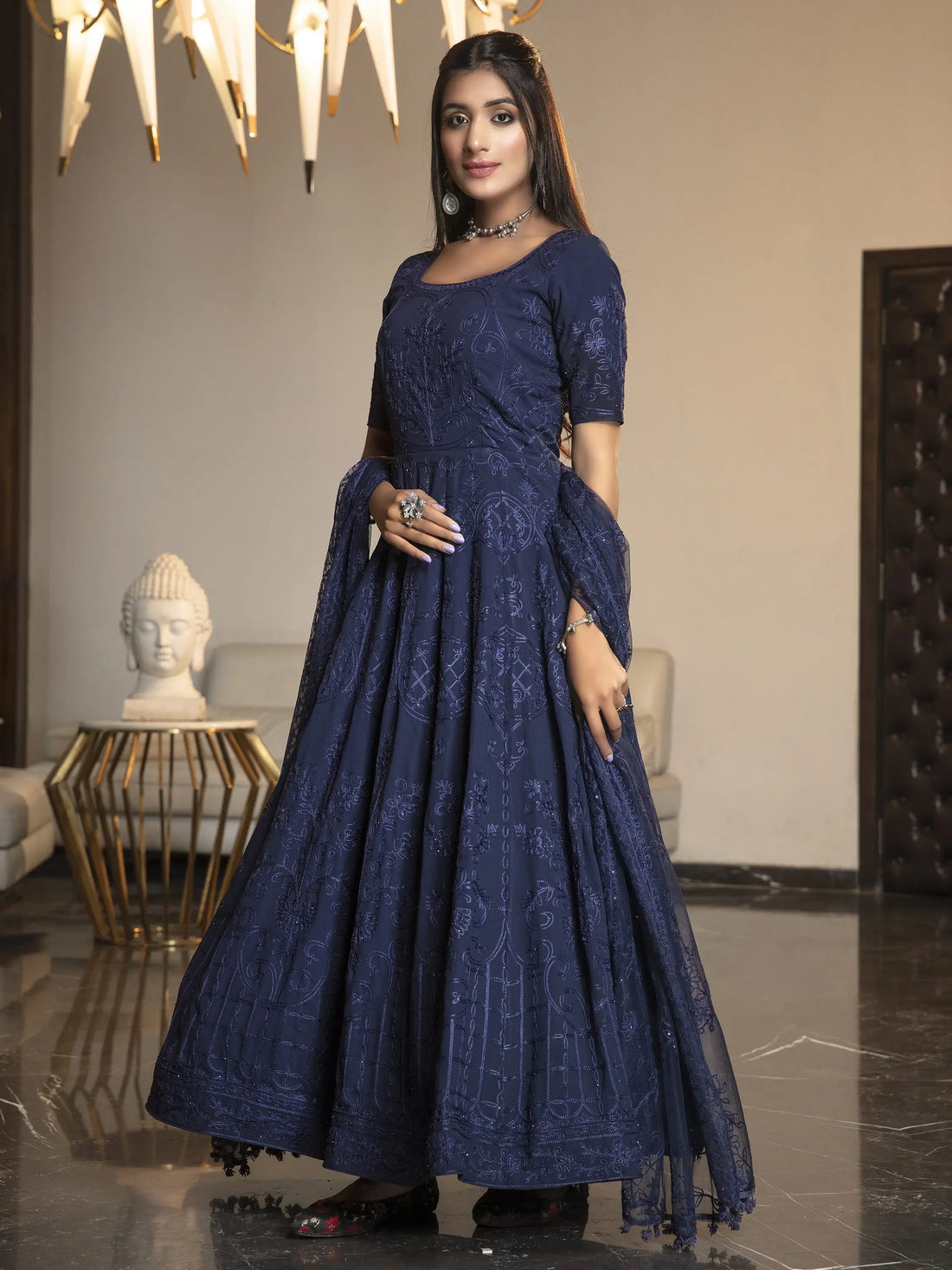 Adorable Navy Blue Thread Embroidered Georgette Reception Wear Gown - Zeel Clothing