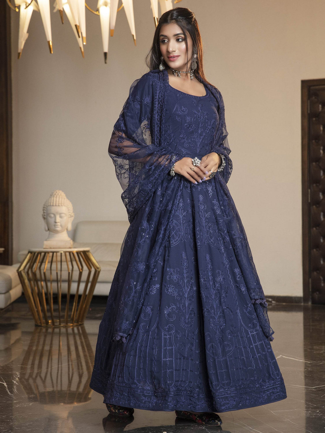 Adorable Navy Blue Thread Embroidered Georgette Reception Wear Gown - Zeel Clothing