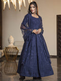 Adorable Navy Blue Thread Embroidered Georgette Reception Wear Gown - Zeel Clothing