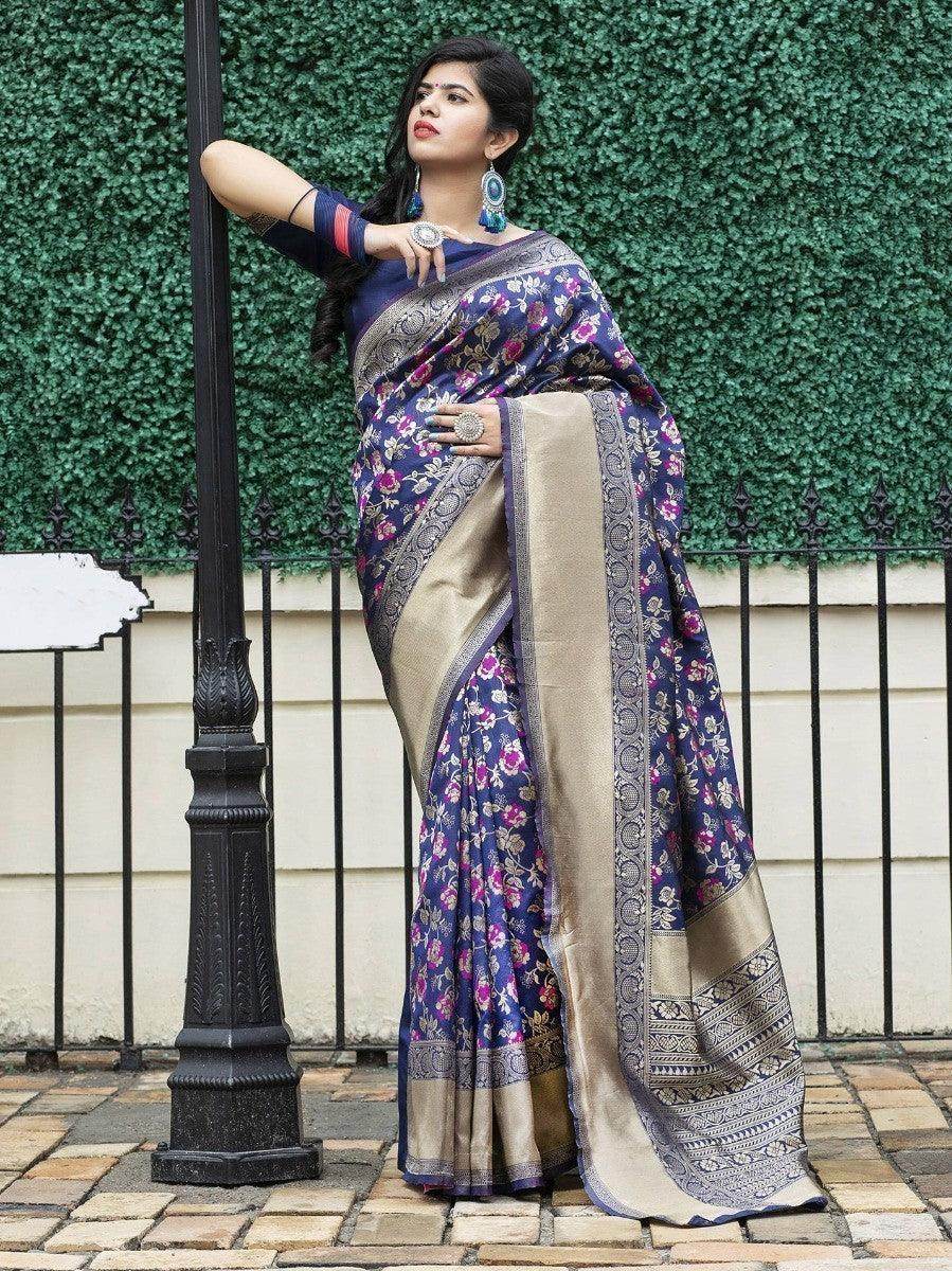 Adorable Navy Blue Weaving Banarasi Silk Festive Saree With Blouse - Zeel Clothing
