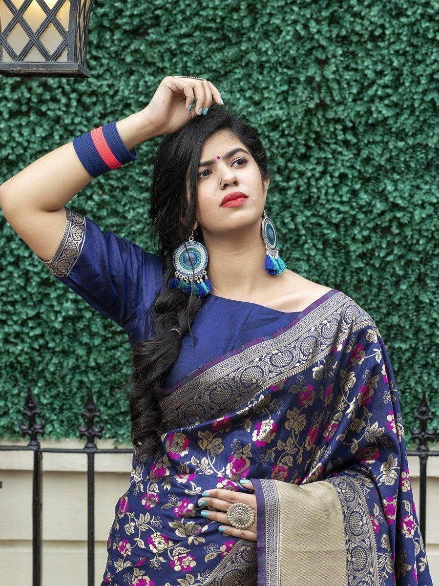 Adorable Navy Blue Weaving Banarasi Silk Festive Saree With Blouse - Zeel Clothing