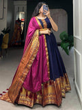 Adorable Navy Blue Zari Woven Cotton Traditional Gown With Dupatta - Zeel Clothing