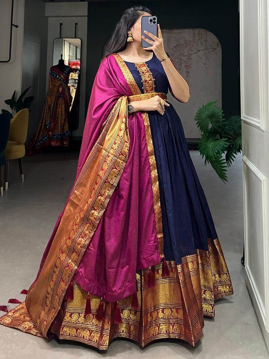 Adorable Navy Blue Zari Woven Cotton Traditional Gown With Dupatta - Zeel Clothing