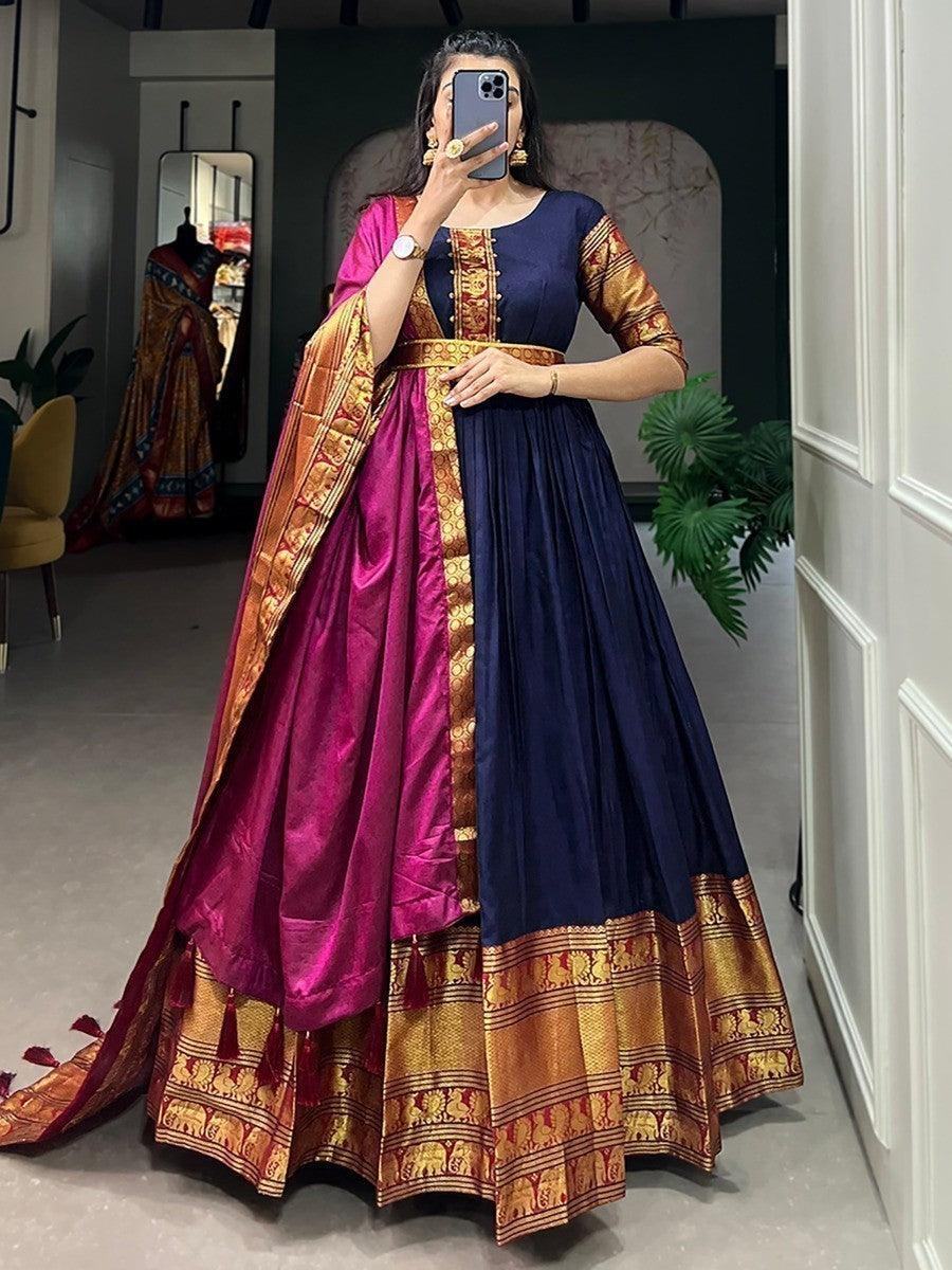 Adorable Navy Blue Zari Woven Cotton Traditional Gown With Dupatta