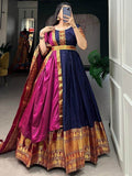 Adorable Navy Blue Zari Woven Cotton Traditional Gown With Dupatta - Zeel Clothing
