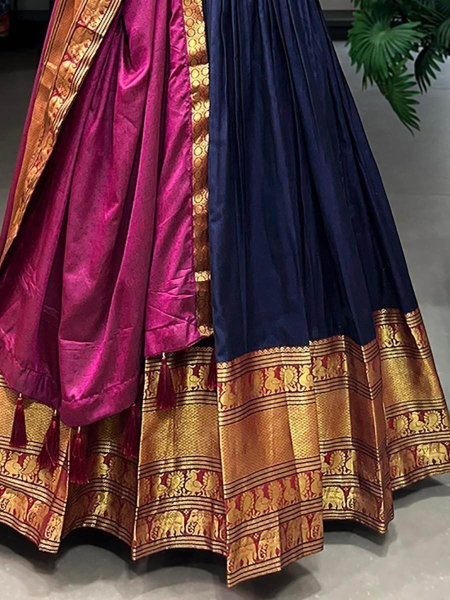 Adorable Navy Blue Zari Woven Cotton Traditional Gown With Dupatta - Zeel Clothing