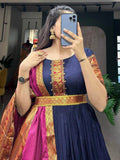 Adorable Navy Blue Zari Woven Cotton Traditional Gown With Dupatta - Zeel Clothing