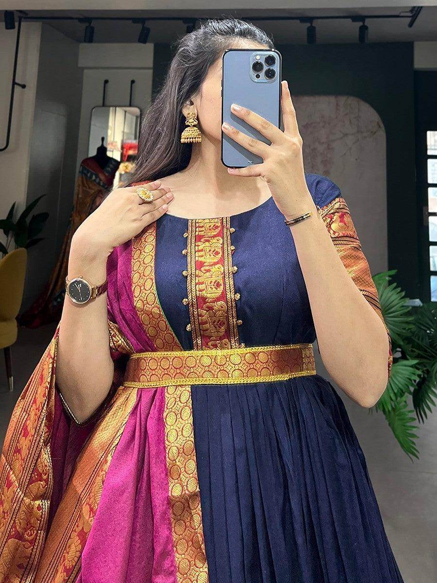 Adorable Navy Blue Zari Woven Cotton Traditional Gown With Dupatta - Zeel Clothing