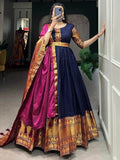 Adorable Navy Blue Zari Woven Cotton Traditional Gown With Dupatta - Zeel Clothing