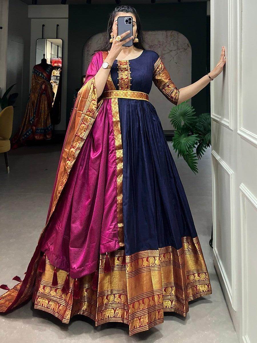 Adorable Navy Blue Zari Woven Cotton Traditional Gown With Dupatta - Zeel Clothing