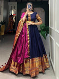 Adorable Navy Blue Zari Woven Cotton Traditional Gown With Dupatta - Zeel Clothing