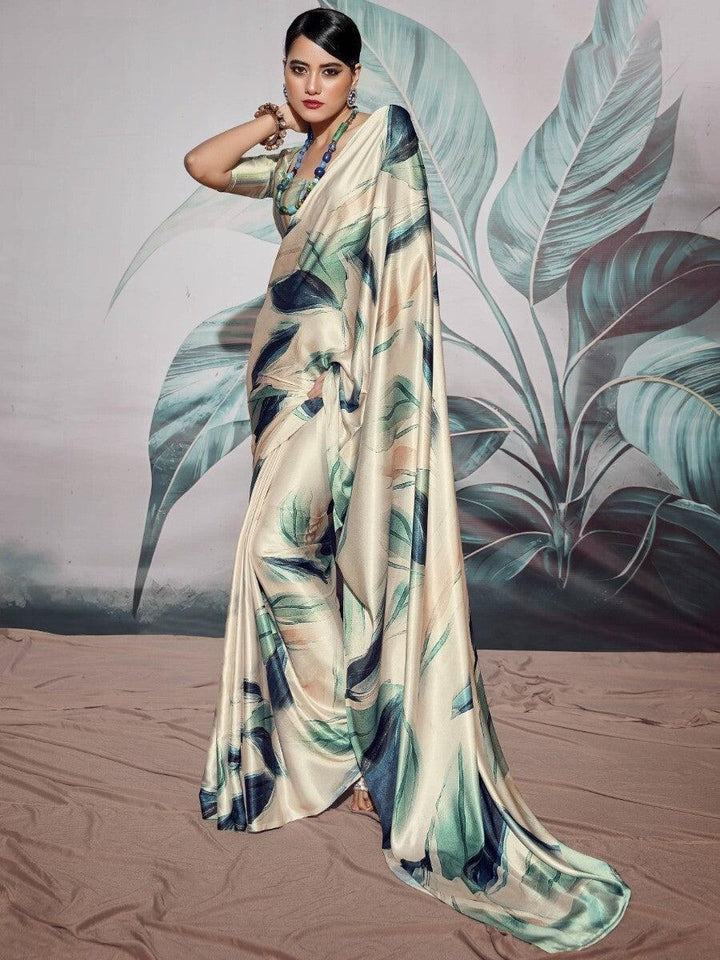Adorable Off-White Digital Printed Satin Traditional Saree With Blouse