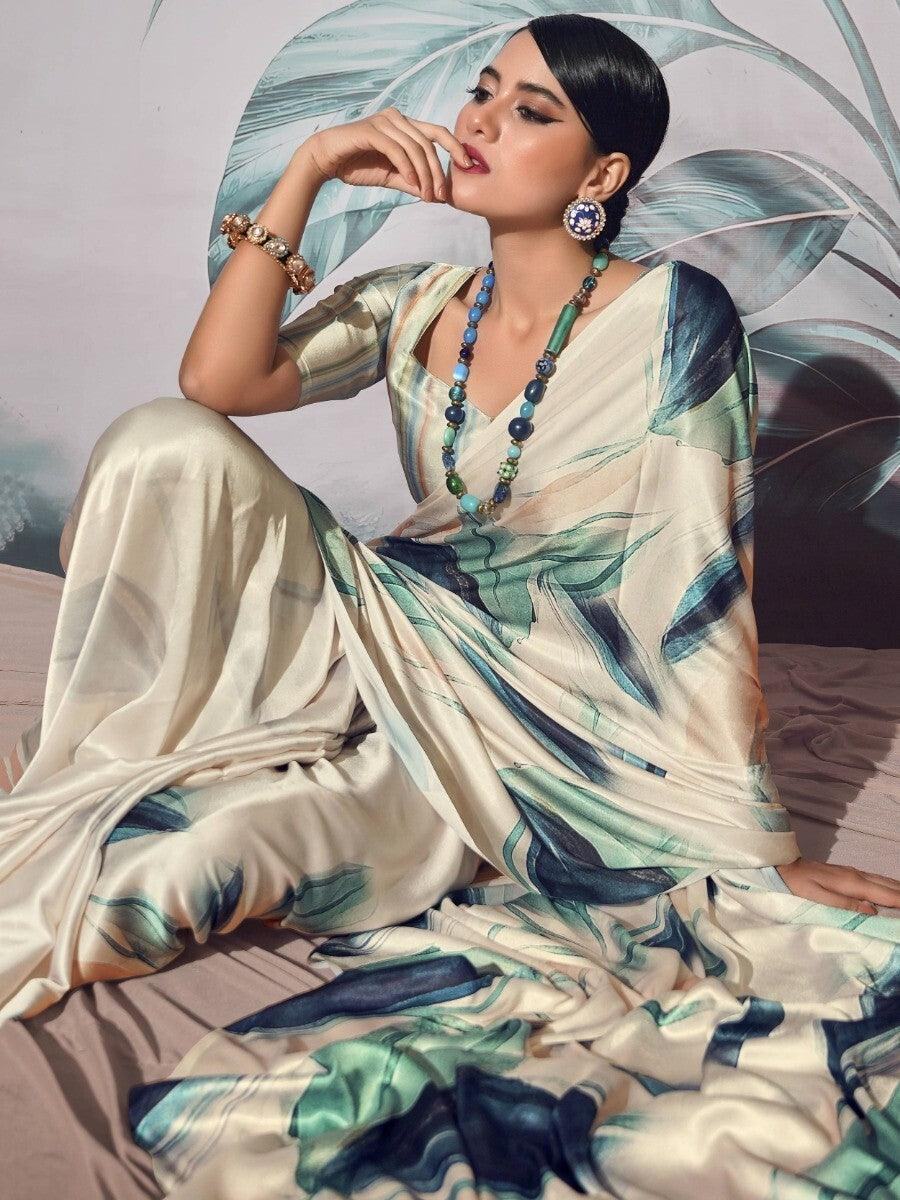 Adorable Off-White Digital Printed Satin Traditional Saree With Blouse