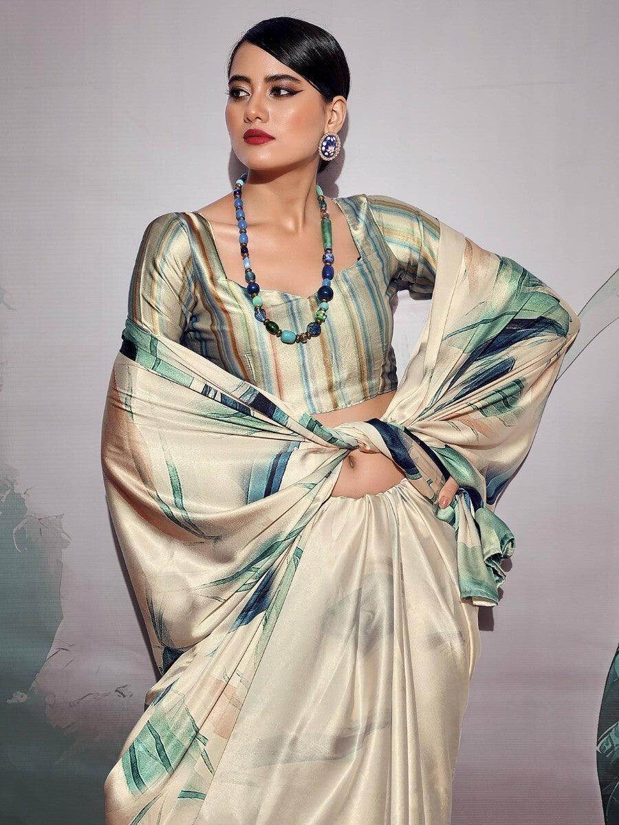 Adorable Off-White Digital Printed Satin Traditional Saree With Blouse - Zeel Clothing