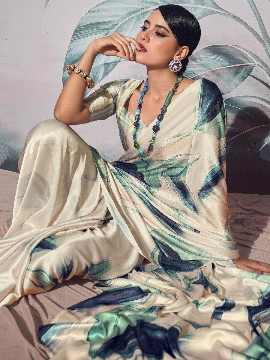 Adorable Off-White Digital Printed Satin Traditional Saree With Blouse - Zeel Clothing
