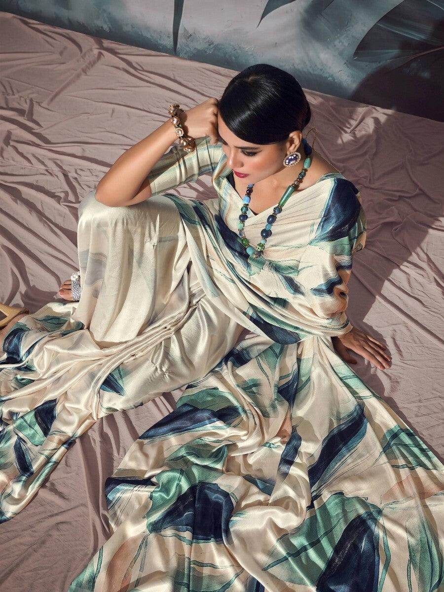 Adorable Off-White Digital Printed Satin Traditional Saree With Blouse - Zeel Clothing