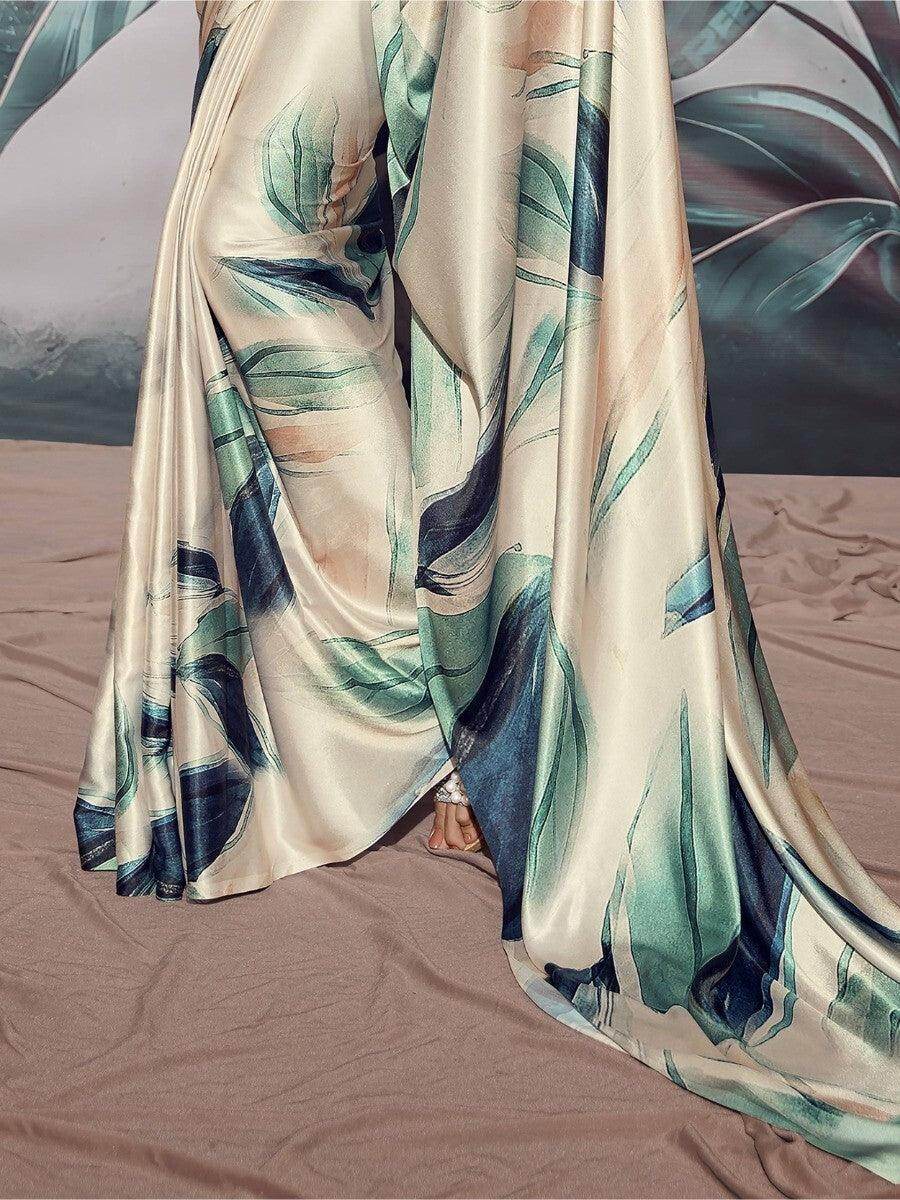 Adorable Off-White Digital Printed Satin Traditional Saree With Blouse - Zeel Clothing