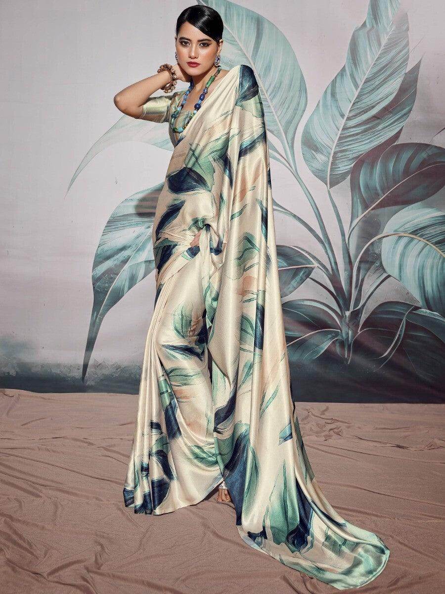 Adorable Off-White Digital Printed Satin Traditional Saree With Blouse - Zeel Clothing