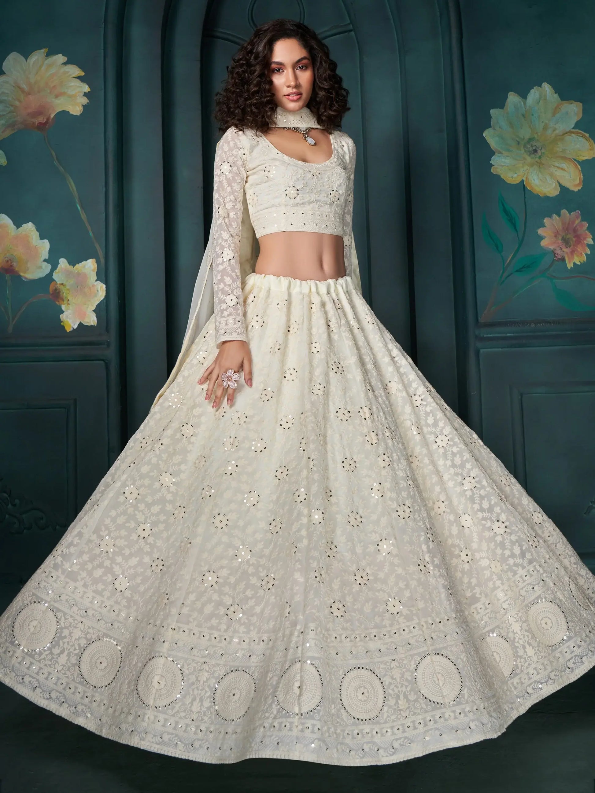 Adorable Off-White Embroidered Georgette Wedding Lehenga Choli - Zeel Clothing