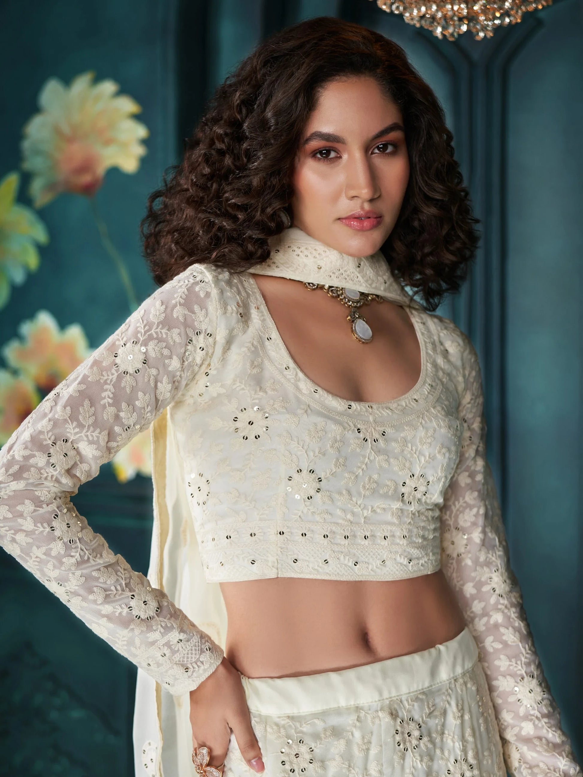Adorable Off-White Embroidered Georgette Wedding Lehenga Choli - Zeel Clothing