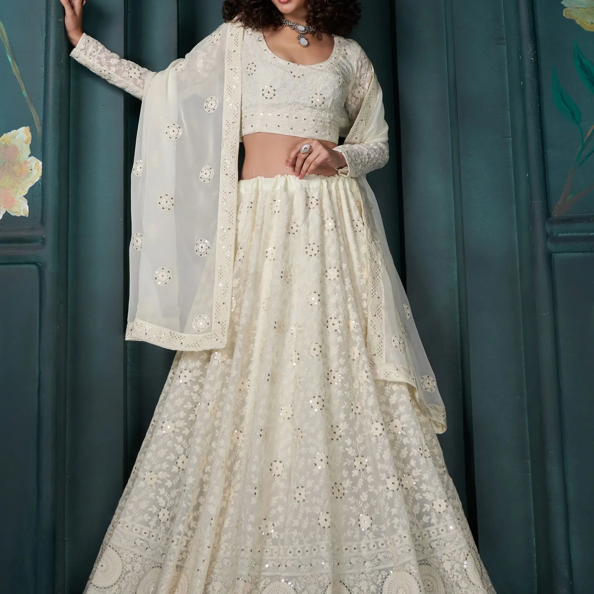 Adorable Off-White Embroidered Georgette Wedding Lehenga Choli - Zeel Clothing