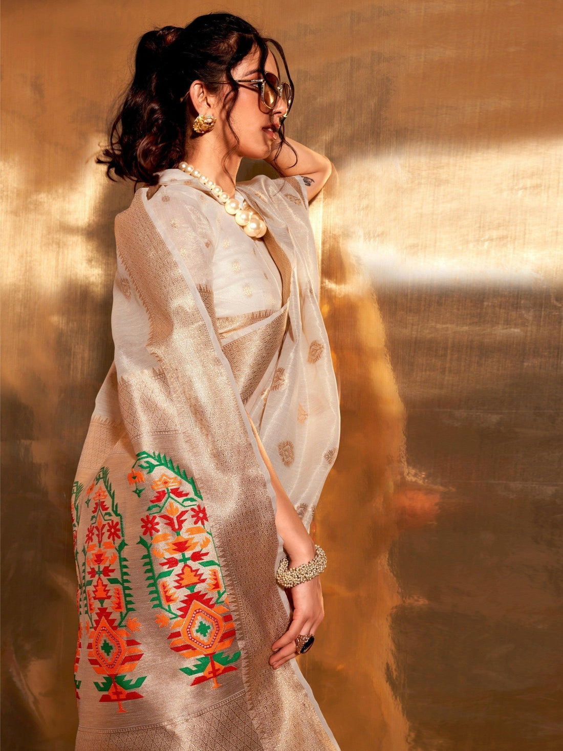 Adorable Off-White Handwoven Tissue Silk Events Wear Saree