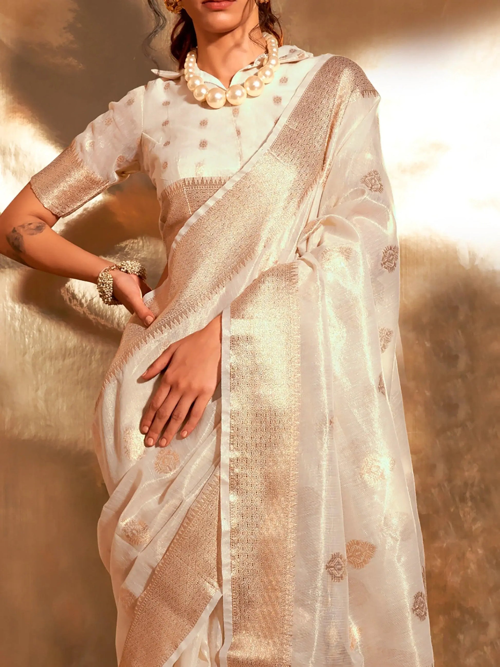 Adorable Off-White Handwoven Tissue Silk Events Wear Saree - Zeel Clothing