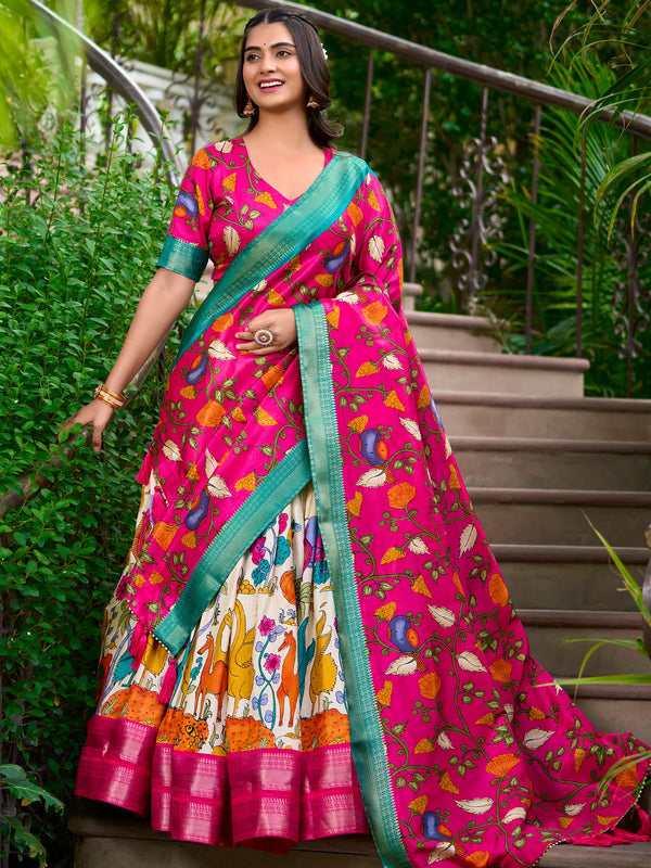 Adorable Off-White Kalamkari Print Dola Silk Traditional Lehenga Choli - Zeel Clothing