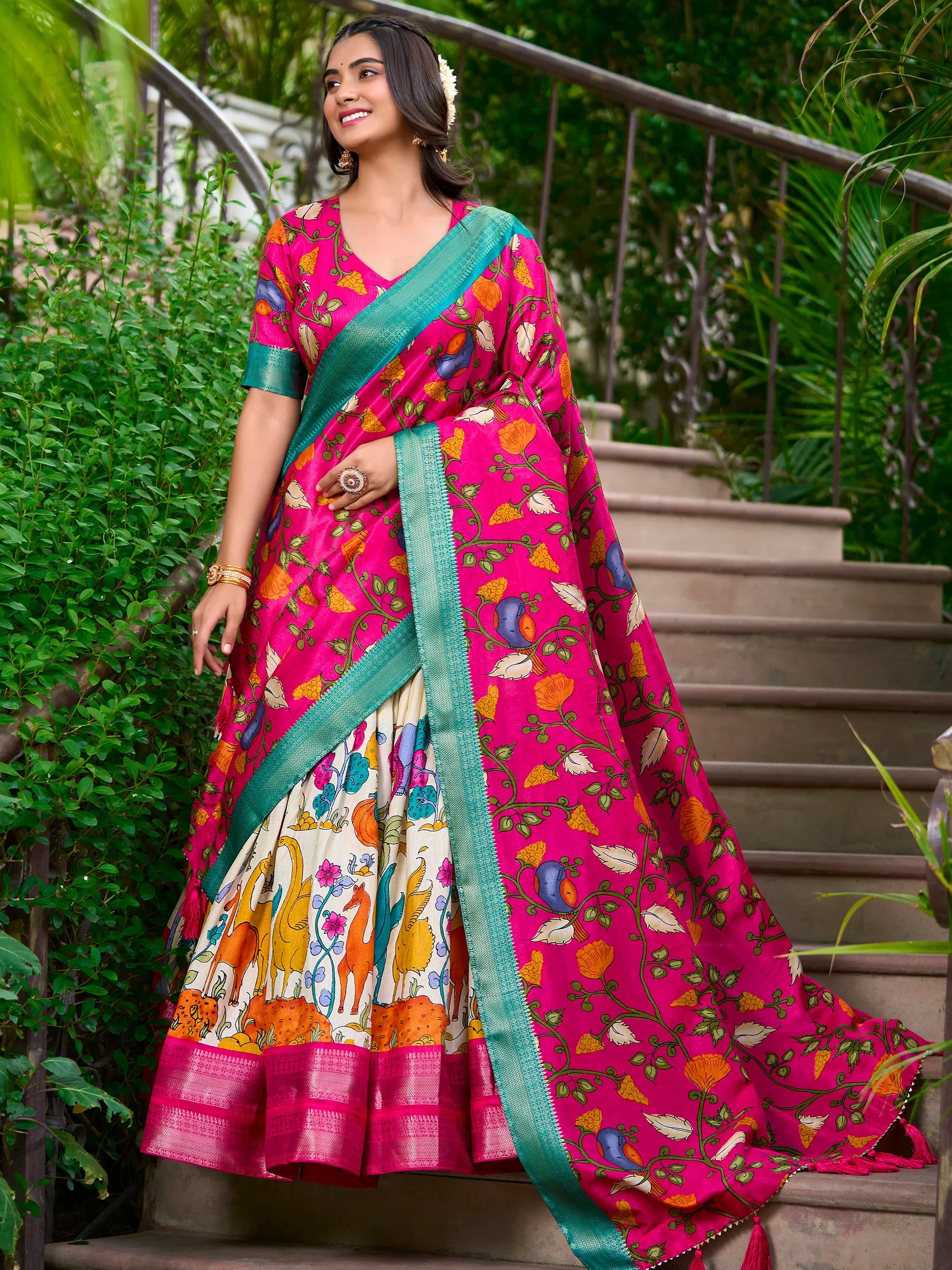 Adorable Off-White Kalamkari Print Dola Silk Traditional Lehenga Choli - Zeel Clothing
