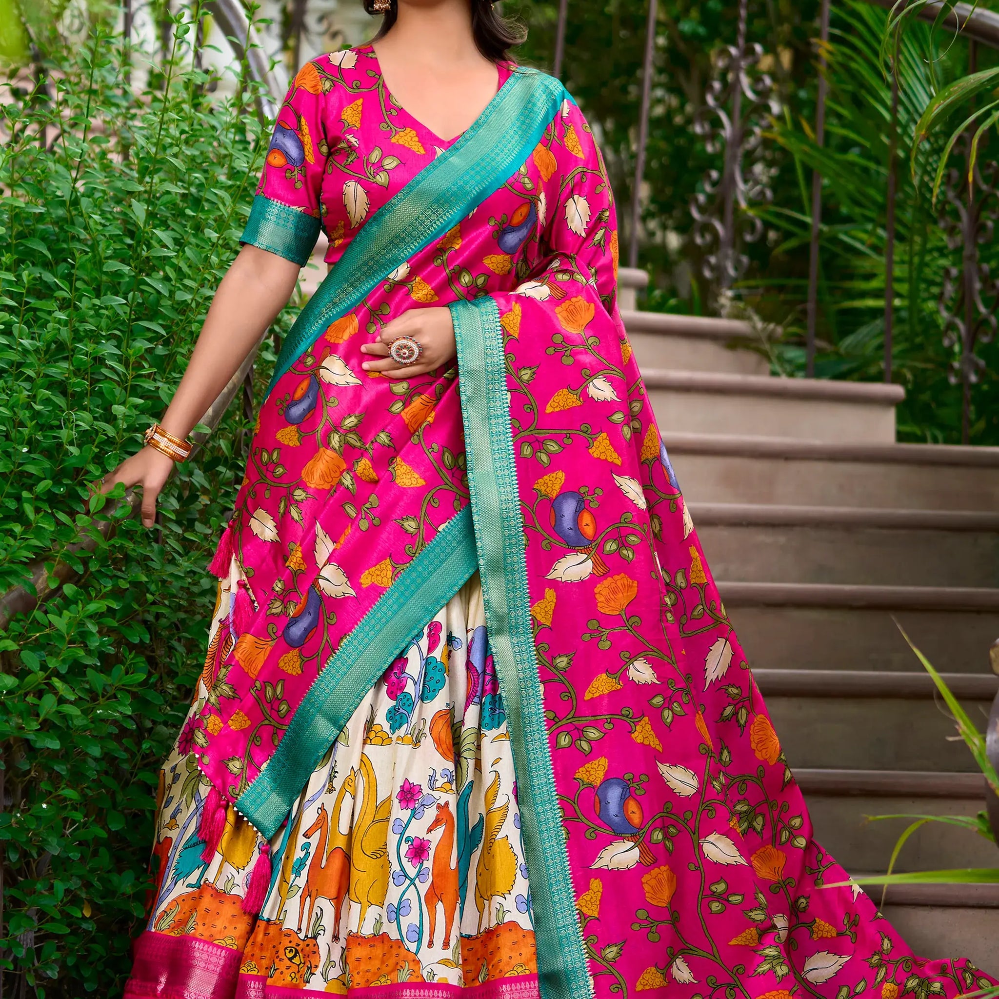 Adorable Off-White Kalamkari Print Dola Silk Traditional Lehenga Choli - Zeel Clothing