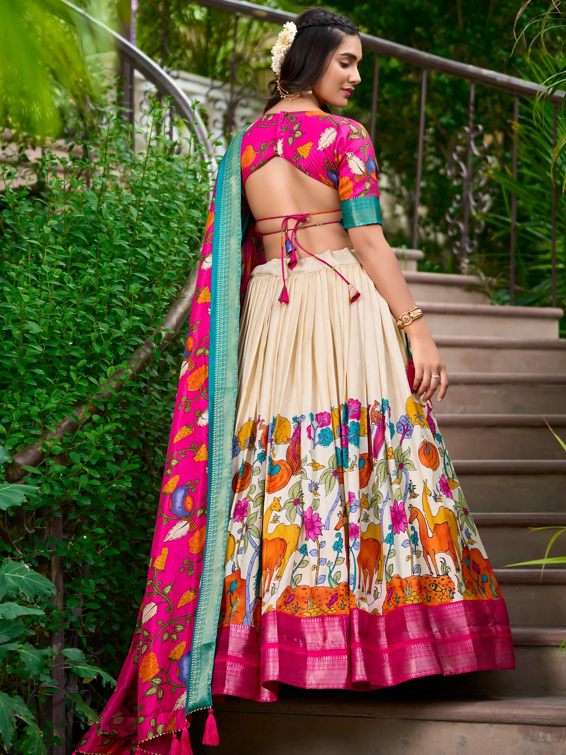 Adorable Off-White Kalamkari Print Dola Silk Traditional Lehenga Choli - Zeel Clothing