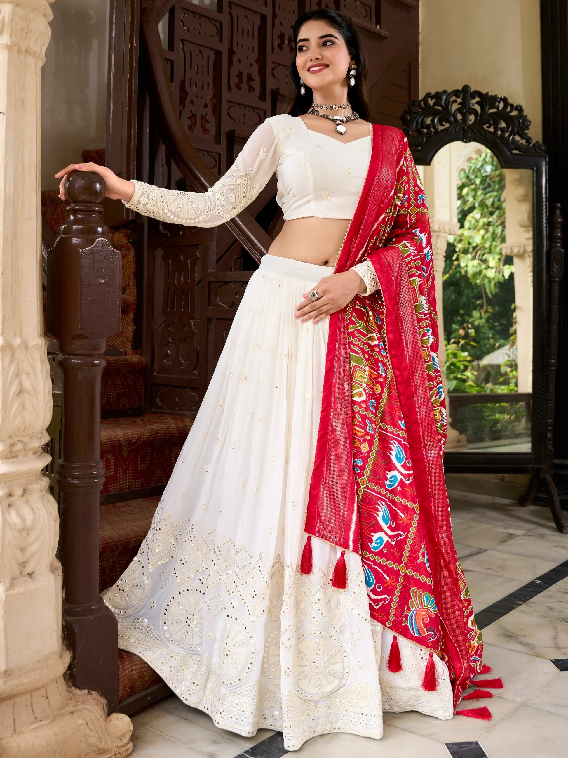 Adorable Off-White Lucknowi Work Georgette Traditional Lehenga Choli - Zeel Clothing