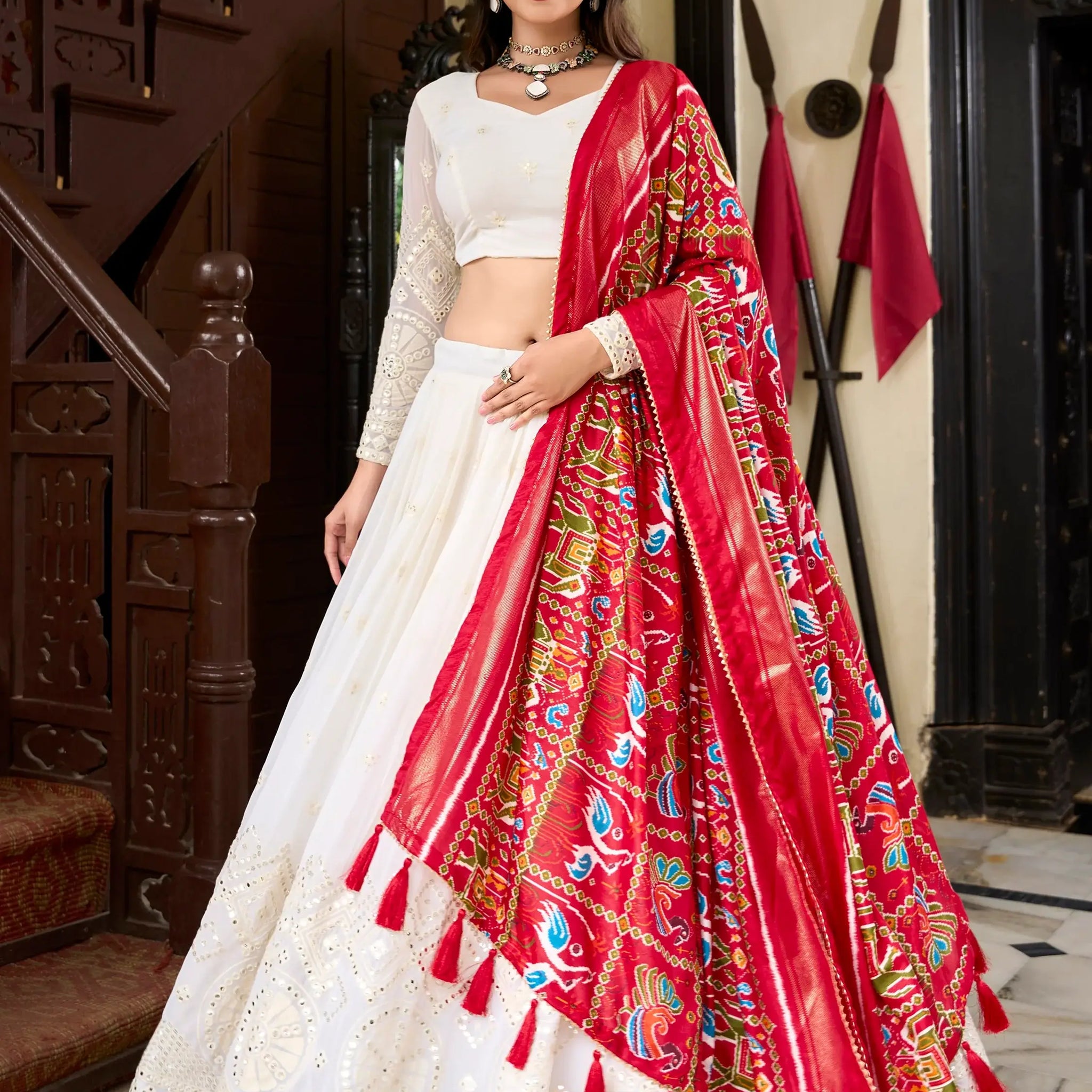 Adorable Off-White Lucknowi Work Georgette Traditional Lehenga Choli - Zeel Clothing