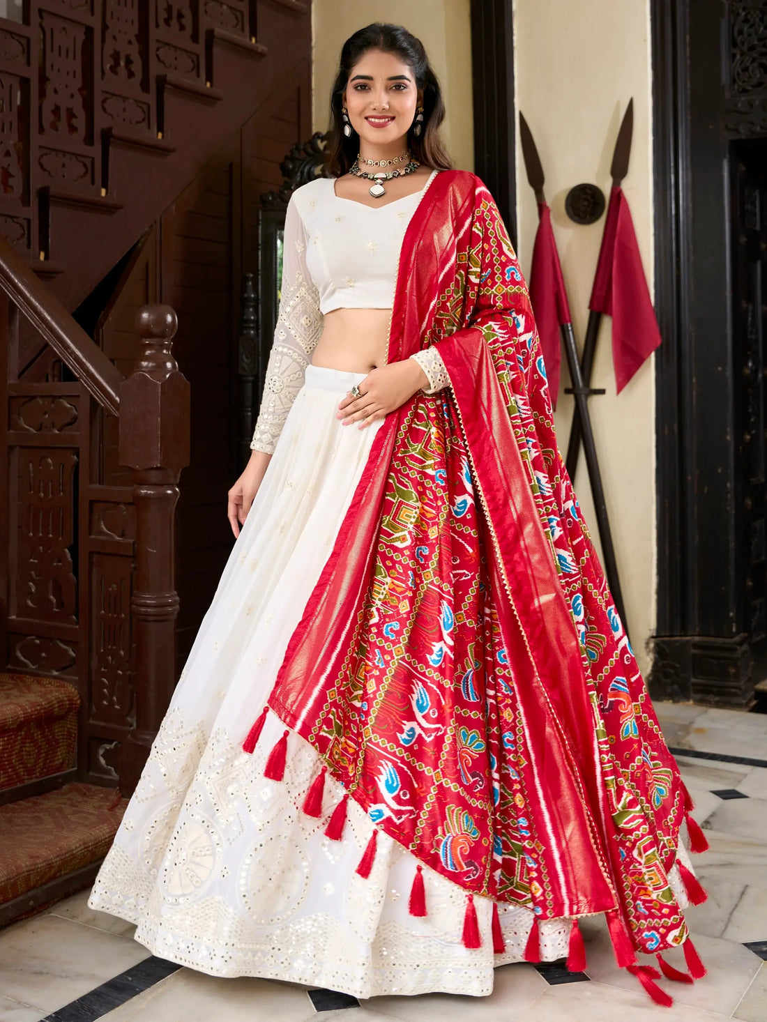Adorable Off-White Lucknowi Work Georgette Traditional Lehenga Choli - Zeel Clothing