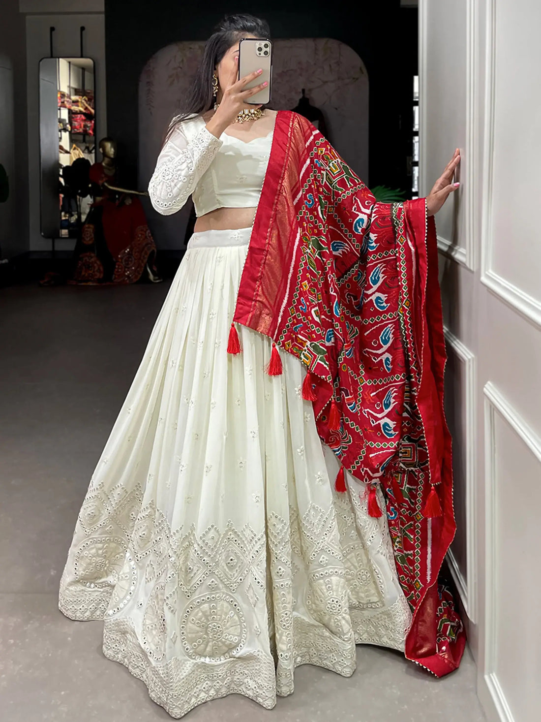Adorable Off-White Mirror Work Georgette Festival Wear Lehenga Choli - Zeel Clothing