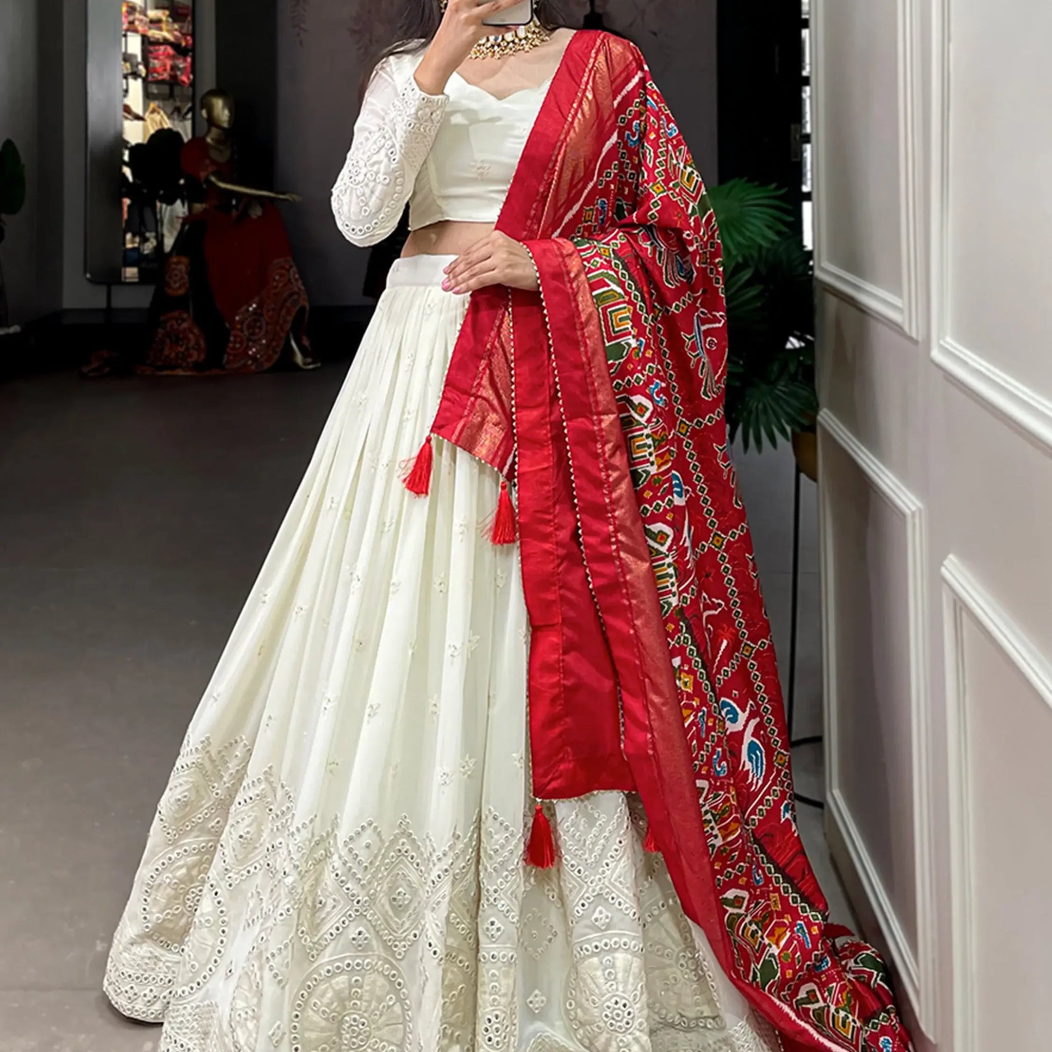 Adorable Off-White Mirror Work Georgette Festival Wear Lehenga Choli - Zeel Clothing