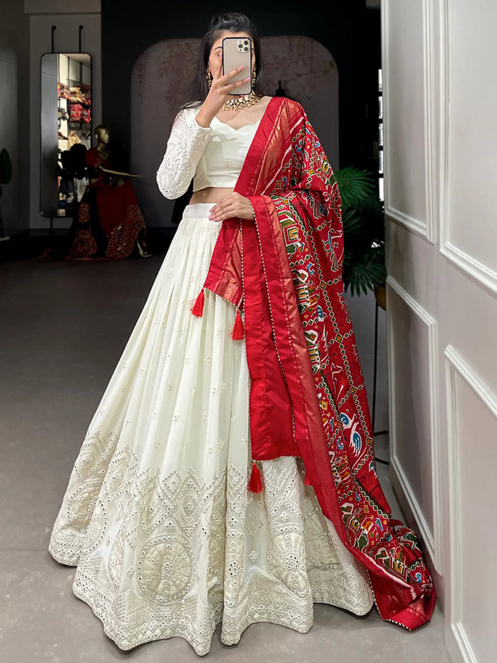 Adorable Off-White Mirror Work Georgette Festival Wear Lehenga Choli - Zeel Clothing