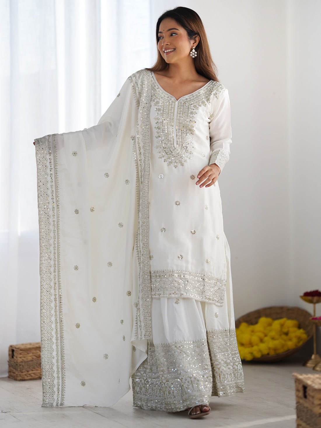 Adorable Off-White Sequins Chinon Eid Special Sharara Suit With Dupatta - Zeel Clothing