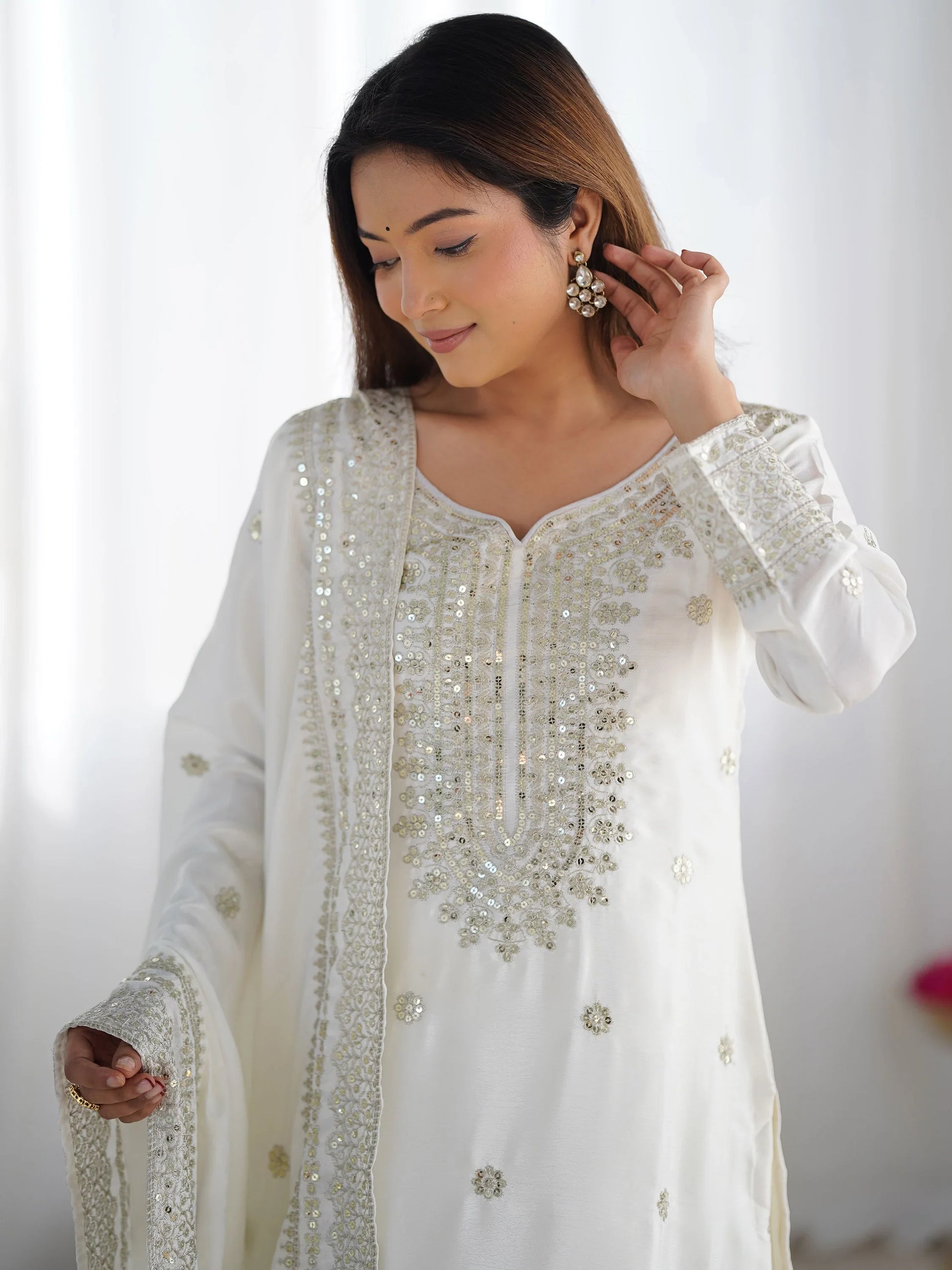 Adorable Off-White Sequins Chinon Eid Special Sharara Suit With Dupatta - Zeel Clothing