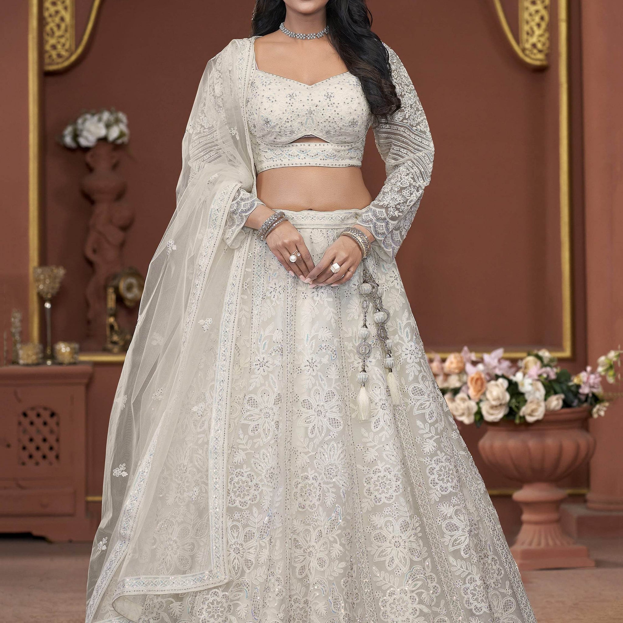 Adorable Off-White Sequins Net Engagement Wear Lehenga Choli - Zeel Clothing