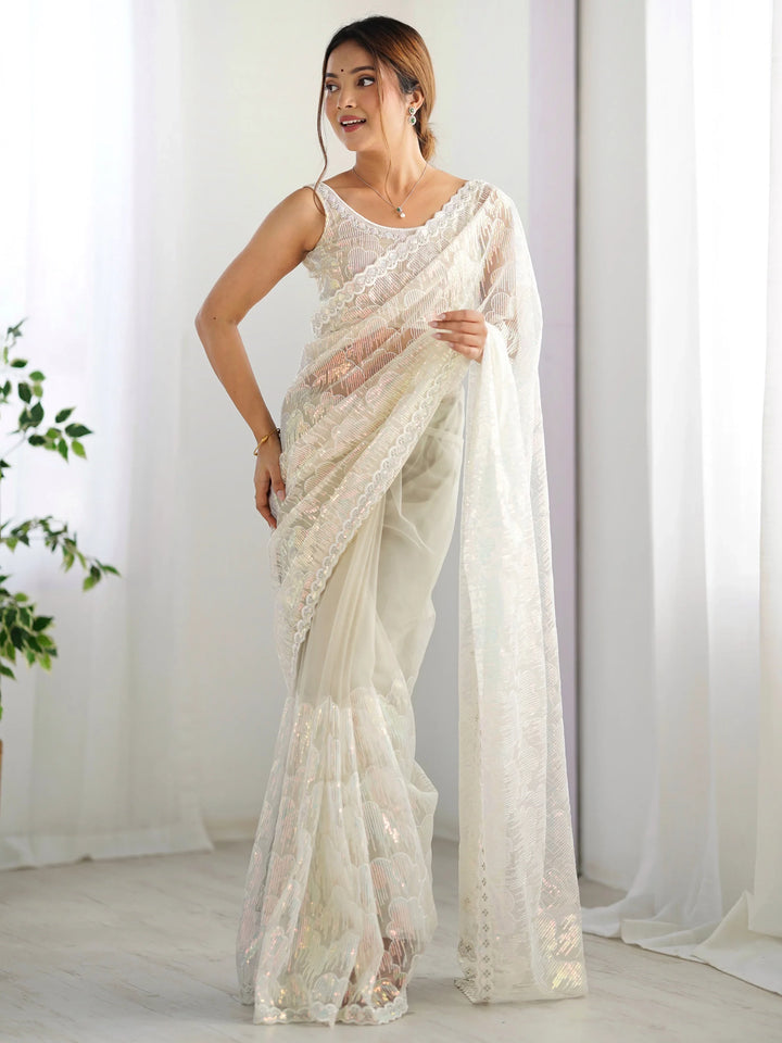 Adorable Off-White Sequins Net Event Wear Saree With Blouse - Zeel Clothing