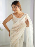 Adorable Off-White Sequins Net Event Wear Saree With Blouse - Zeel Clothing