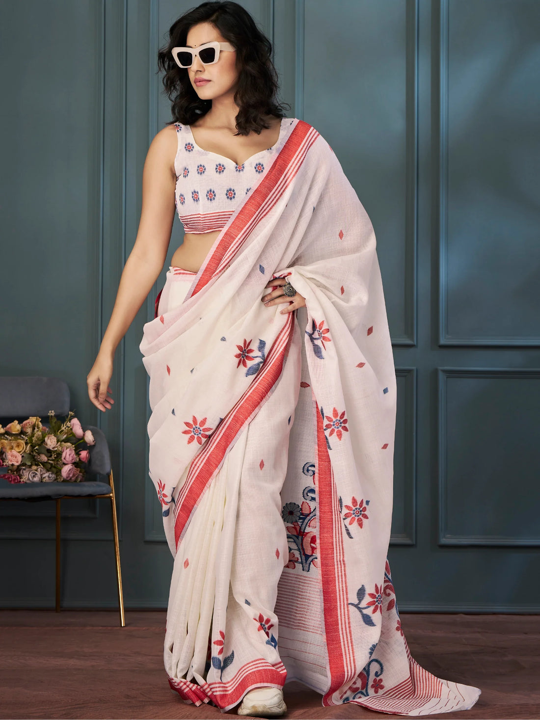 Adorable Off-White Weaving Linen Traditional Saree With Blouse - Zeel Clothing