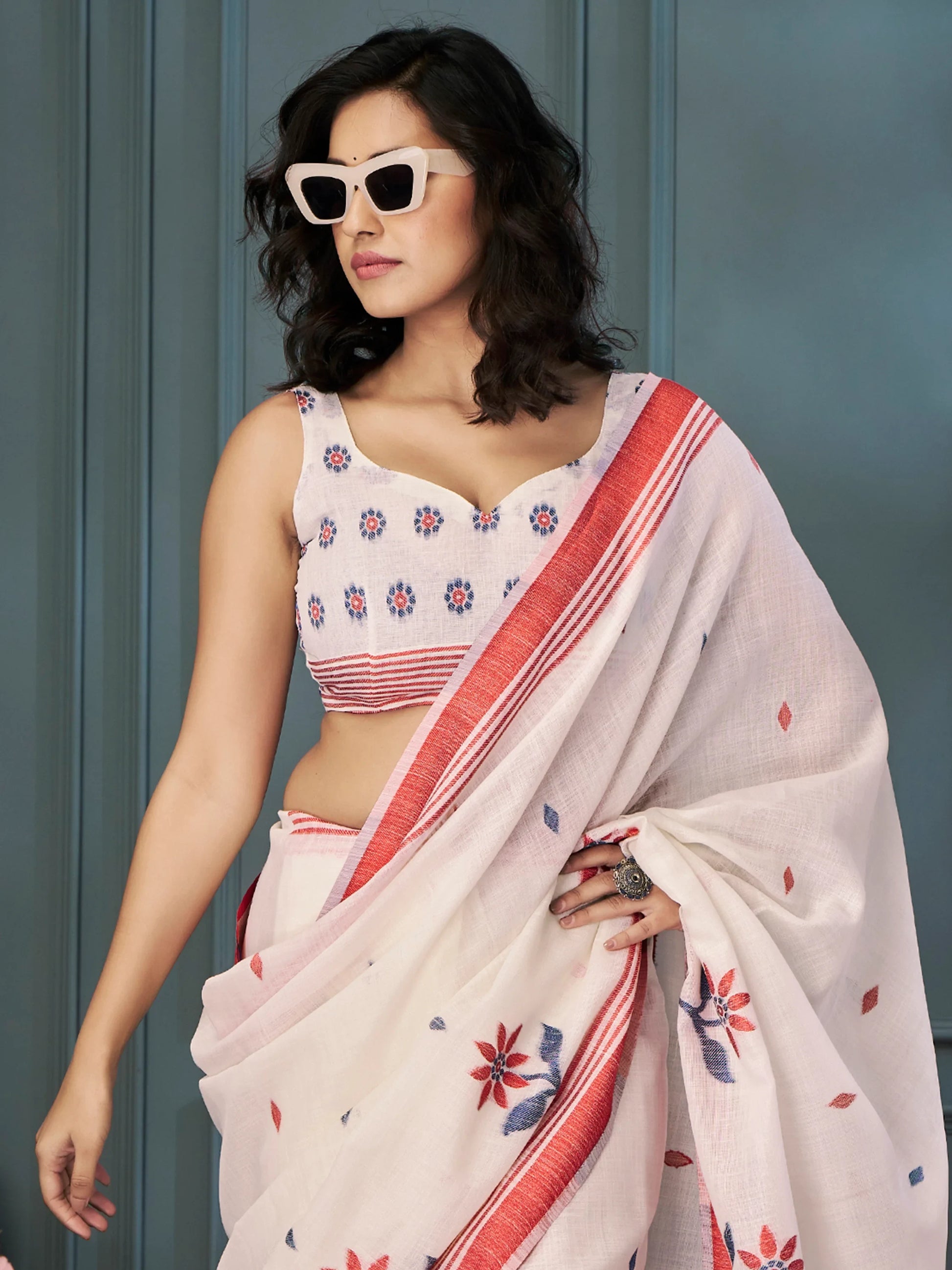 Adorable Off-White Weaving Linen Traditional Saree With Blouse - Zeel Clothing