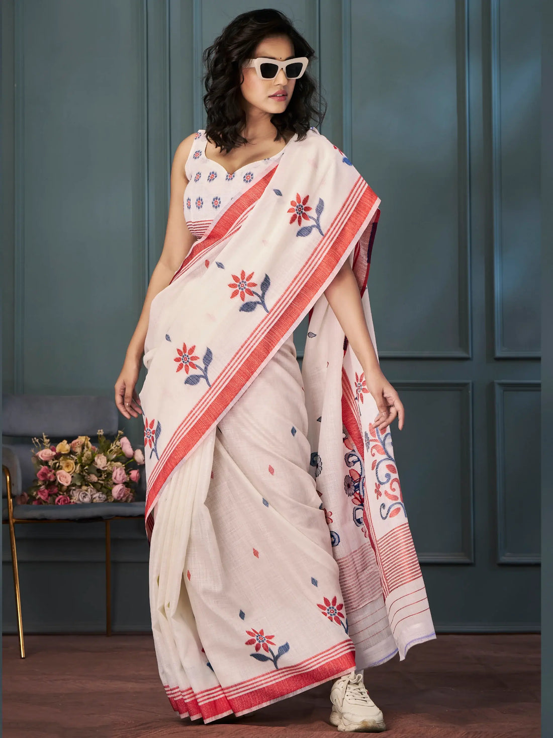 Adorable Off-White Weaving Linen Traditional Saree With Blouse - Zeel Clothing
