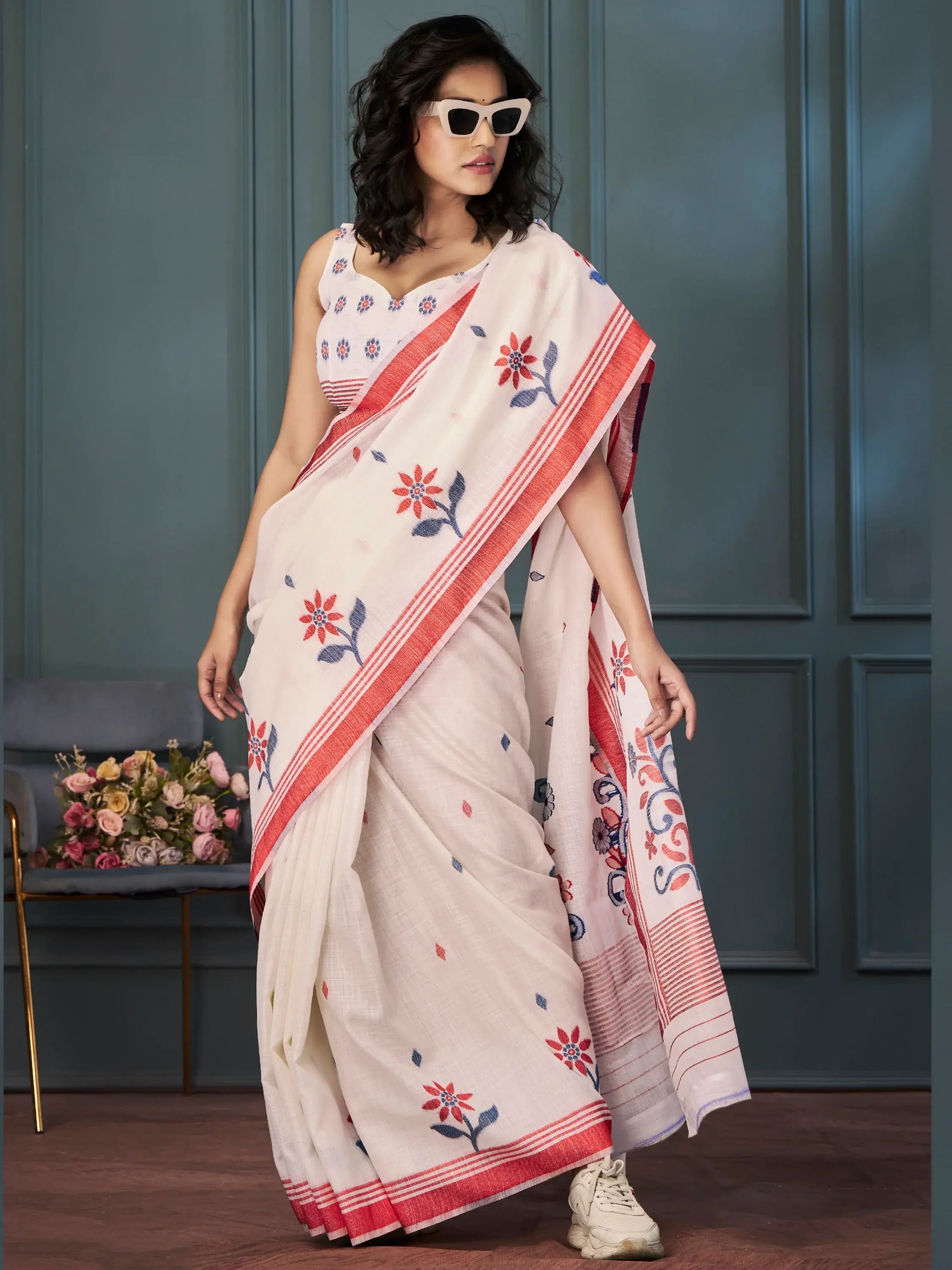 Adorable Off-White Weaving Linen Traditional Saree With Blouse - Zeel Clothing